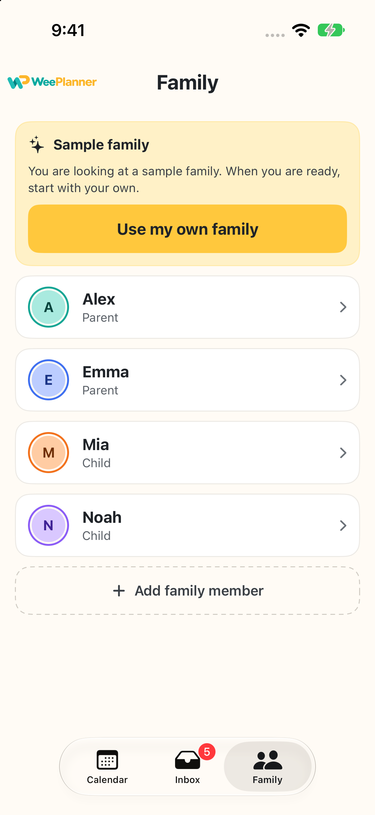 The current WeePlanner Family screen with sample parents Alex and Emma, child profiles Mia and Noah, and Add family member.
