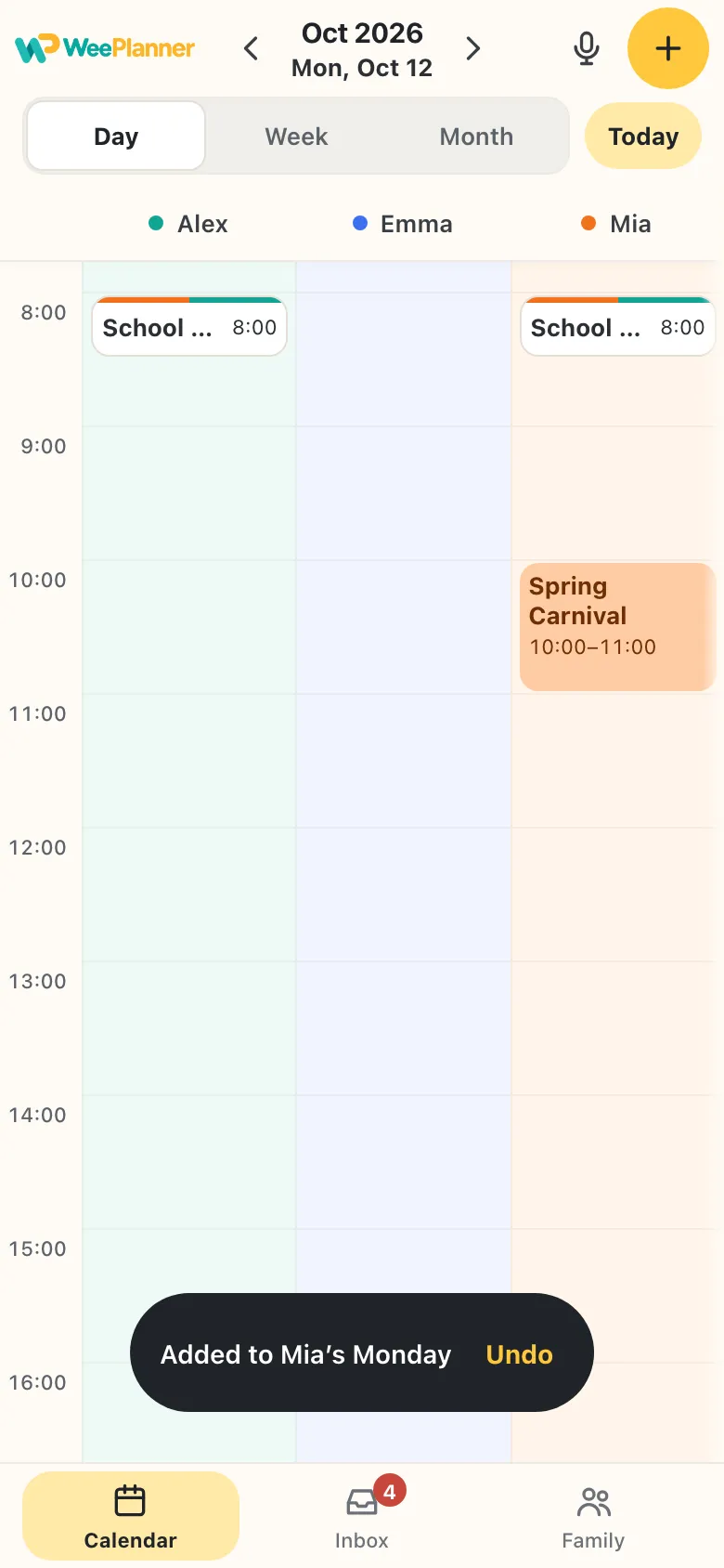 Spring Carnival added to Mia’s column on Monday, with an Undo button.