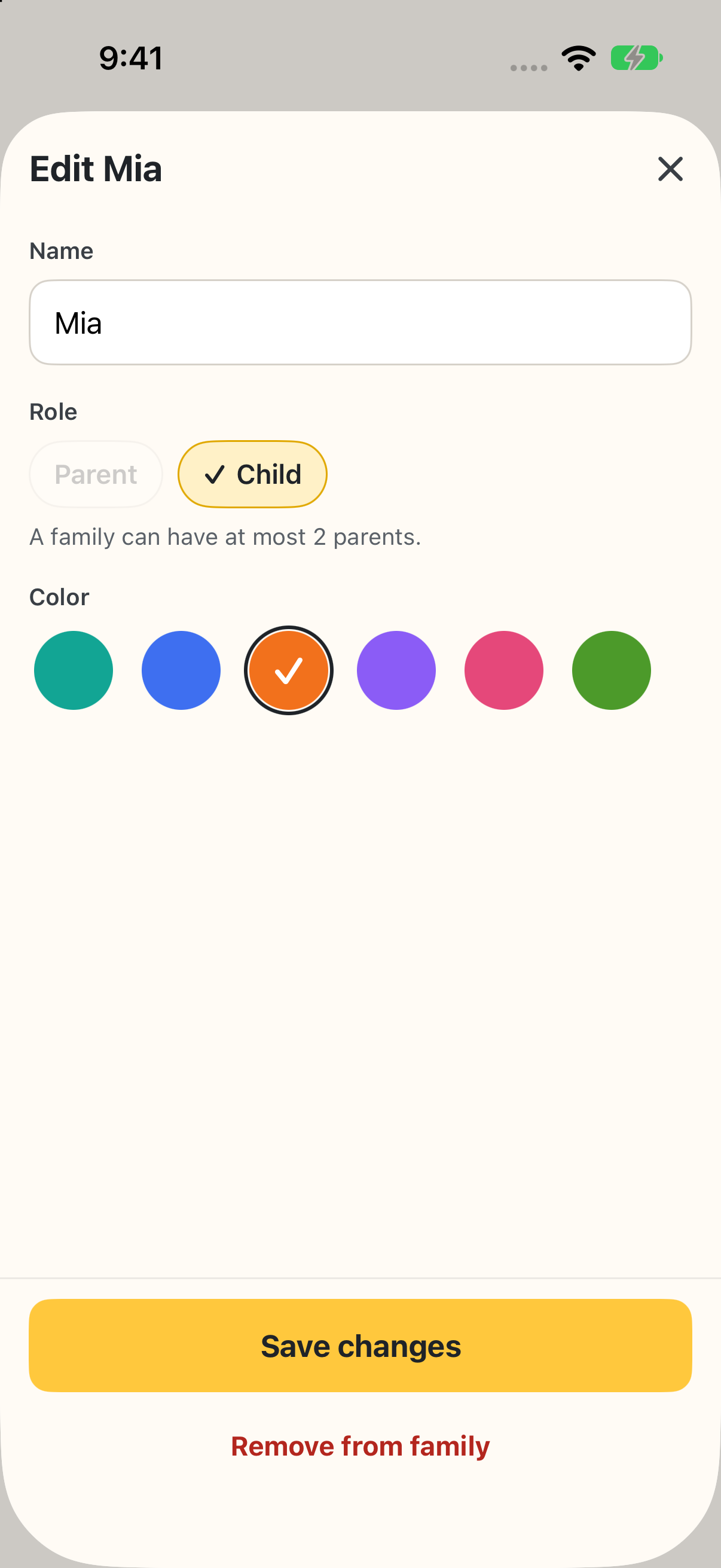 Editing Mia in WeePlanner: her name, Child role and selected orange color, with Save changes.