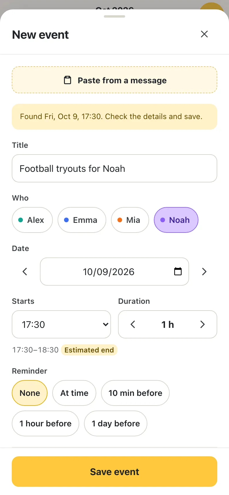 A pasted message filled in a new event: Football tryouts for Noah, Friday 17:30.
