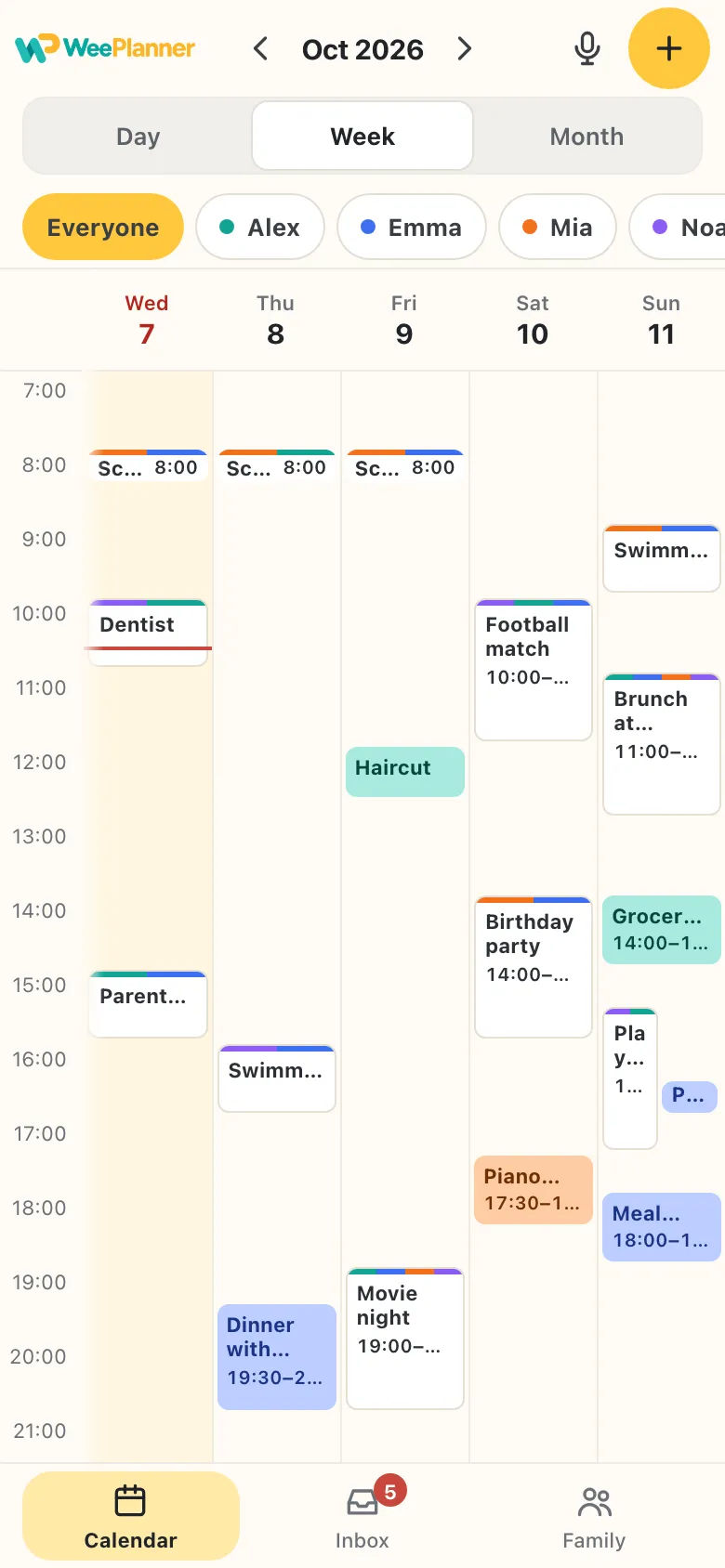 The Week view with everyone’s plans and a filter for each person.